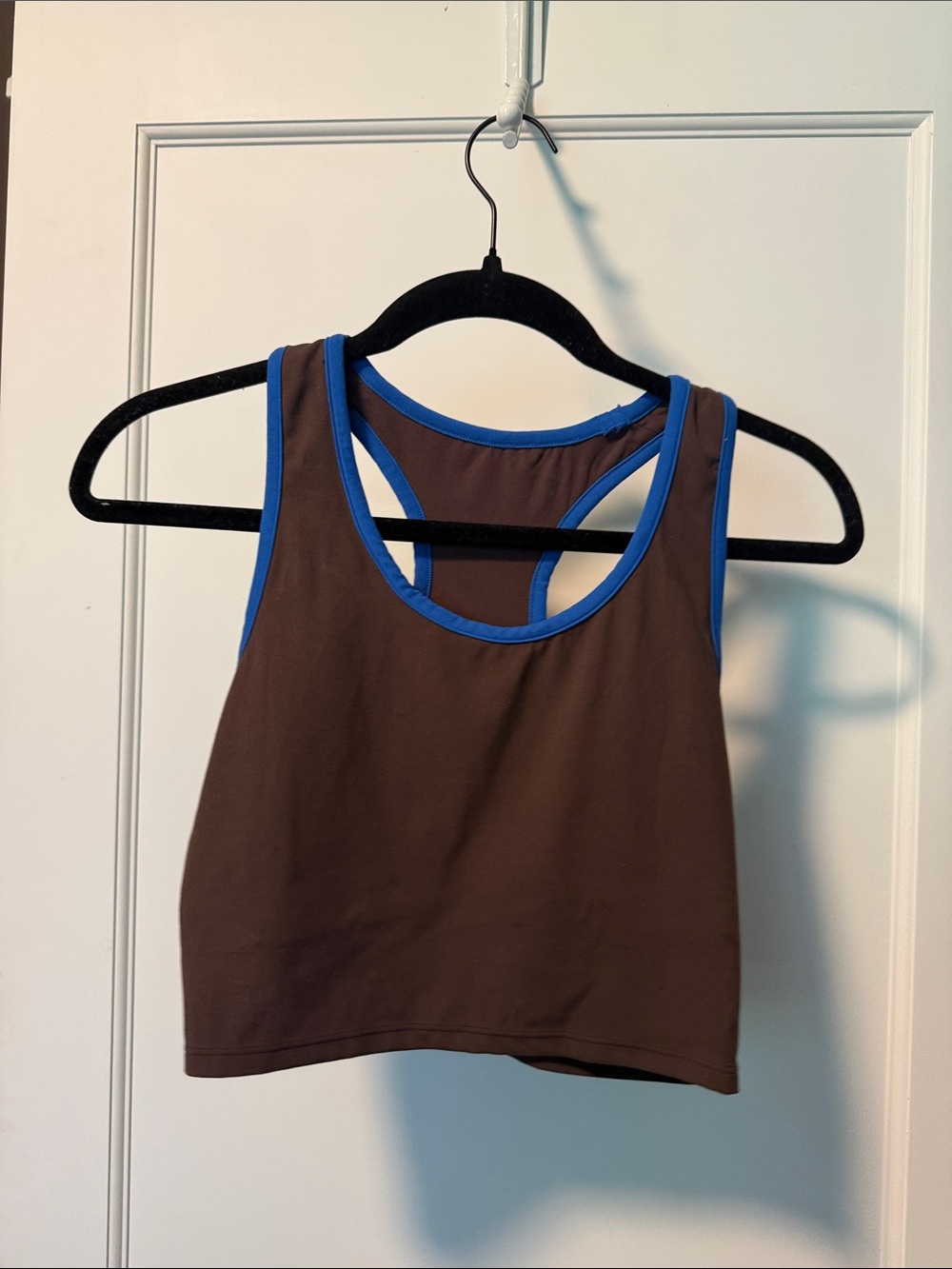 Splits59 Women’s Brown Racerback Crop Tank with Blue Trim